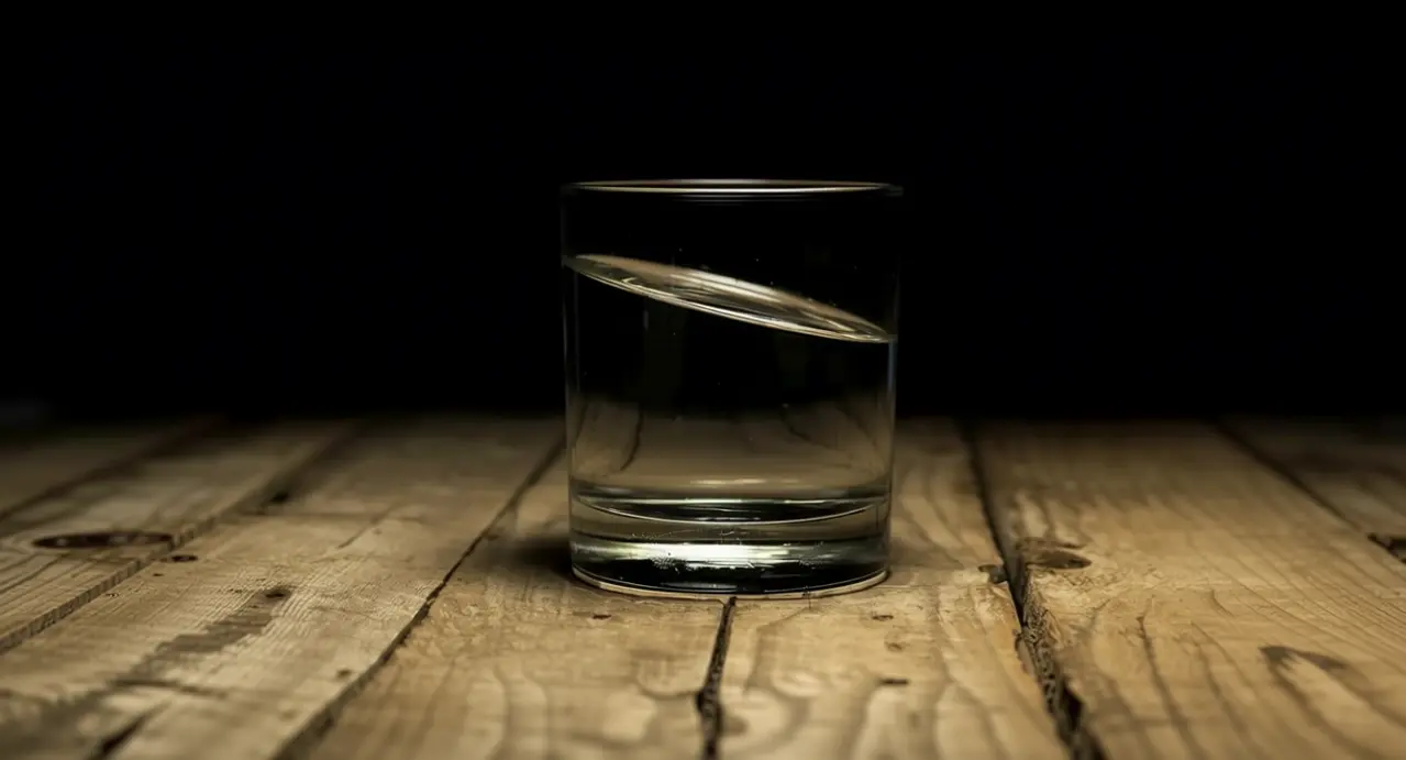 Bicchiere d'acqua su tavolo di legno con sfondo scuro