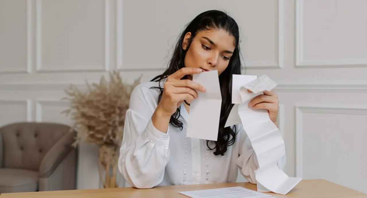 Donna seduta al tavolo che controlla scontrini e documenti