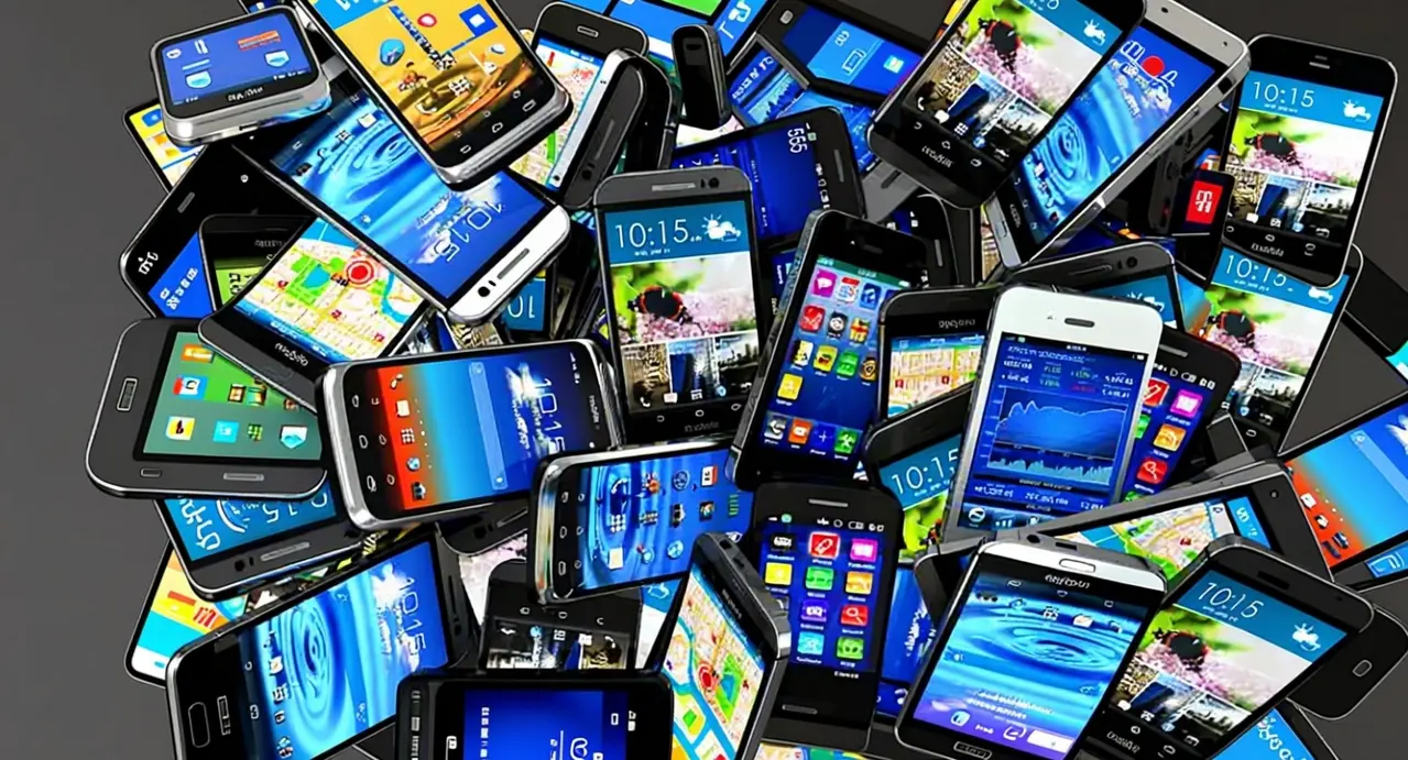 Un mucchio di smartphone accesi con schermate colorate su sfondo scuro