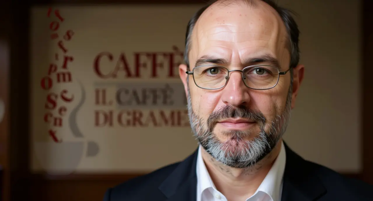 Un uomo con occhiali e barba appare in primo piano in un ambiente interno