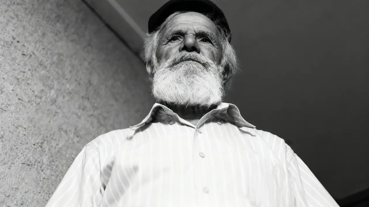 Un uomo anziano con barba bianca e cappello guarda verso il basso, in un'inquadratura dal basso in bianco e nero.