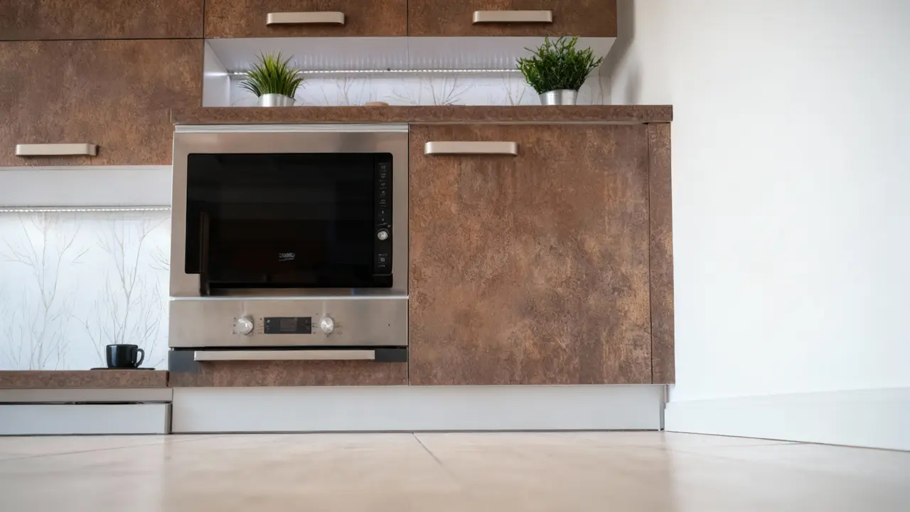 Forno a microonde incassato in una cucina moderna con mobili in legno
