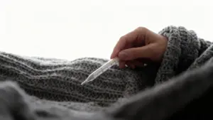 Persona avvolta in una coperta che tiene un termometro in mano