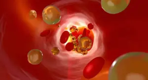 Rappresentazione 3D di globuli rossi e molecole di colesterolo in un vaso sanguigno