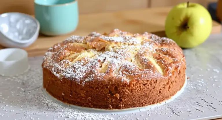 Torta di mele dorata e soffice spolverata con zucchero a velo su un tavolo da cucina