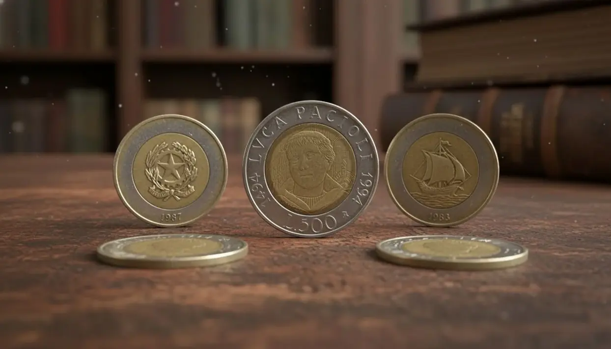 Monete da 500 lire bimetalliche rare con diversi soggetti esposte su un tavolo