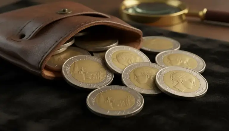 Monete da 500 lire bimetalliche sparse vicino a un portamonete in pelle