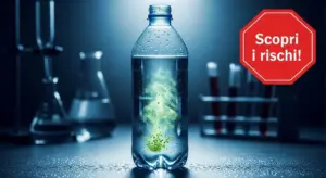 Bottiglia d'acqua con sostanza verde al suo interno in un contesto da laboratorio