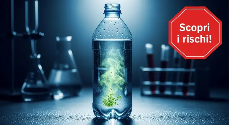 Bottiglia d'acqua con sostanza verde al suo interno in un contesto da laboratorio