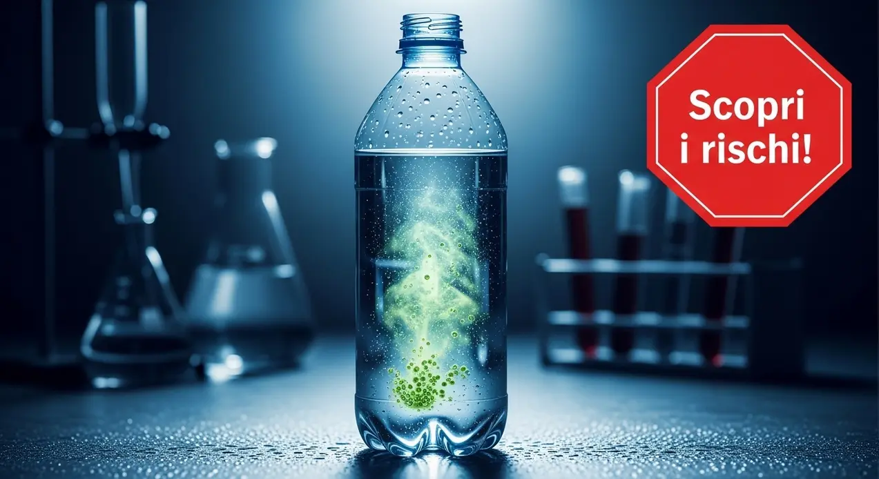 Bottiglia d'acqua con sostanza verde al suo interno in un contesto da laboratorio