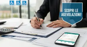 Persona compila documenti su una scrivania con smartphone e simboli di disabilità sullo sfondo