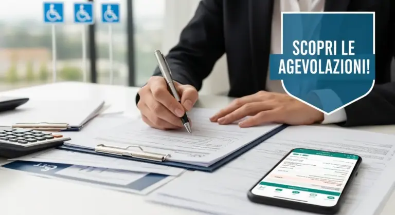 Persona compila documenti su una scrivania con smartphone e simboli di disabilità sullo sfondo