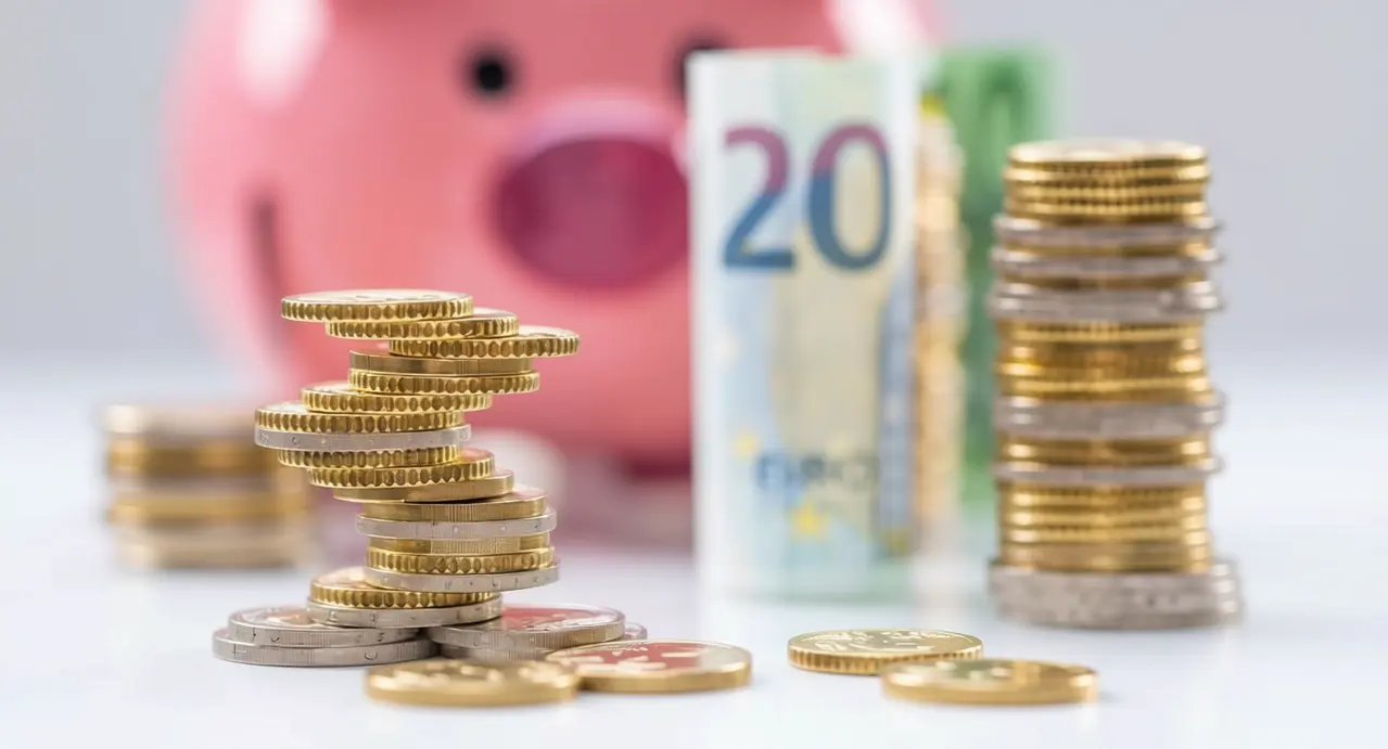Pile di monete euro accanto a una banconota e a un salvadanaio rosa sullo sfondo