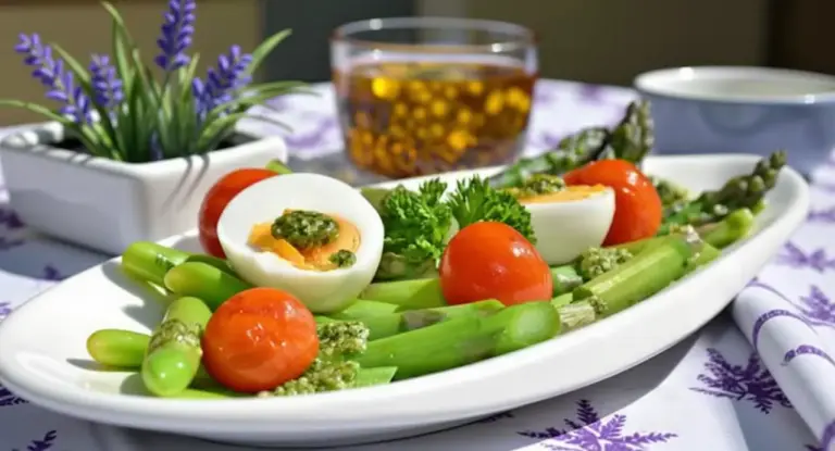Piatto con uova sode, pomodorini e asparagi, ricchi di vitamina D