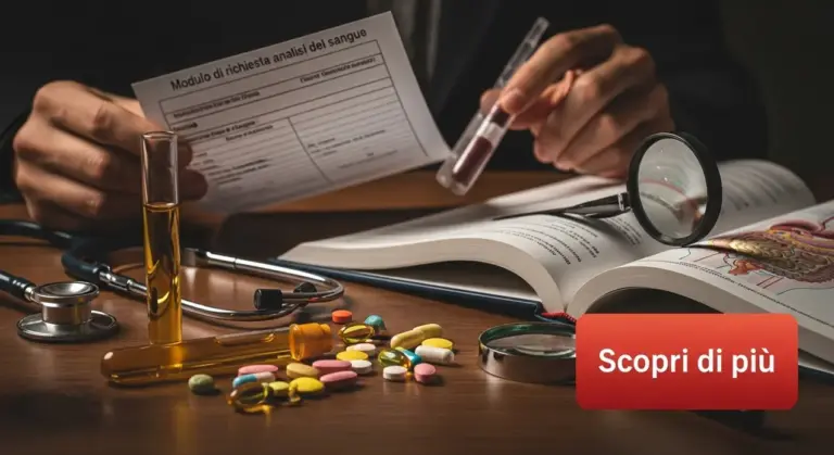 Persona consulta un modulo di analisi del sangue con medicinali, provette e strumenti medici sul tavolo