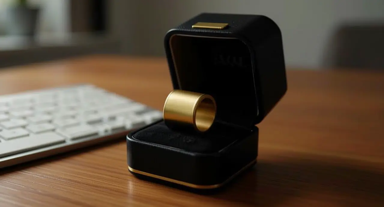 Anello smart dorato in una custodia nera su una scrivania vicino a una tastiera