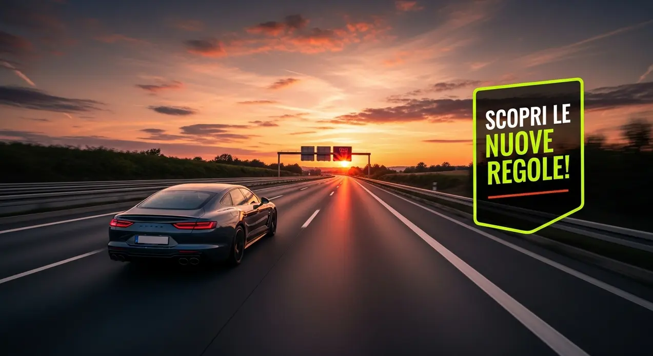 Auto su autostrada al tramonto con segnaletica elettronica in lontananza