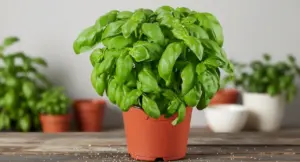 Pianta di basilico rigogliosa in un vaso di plastica su un tavolo di legno