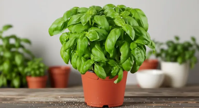 Pianta di basilico rigogliosa in un vaso di plastica su un tavolo di legno