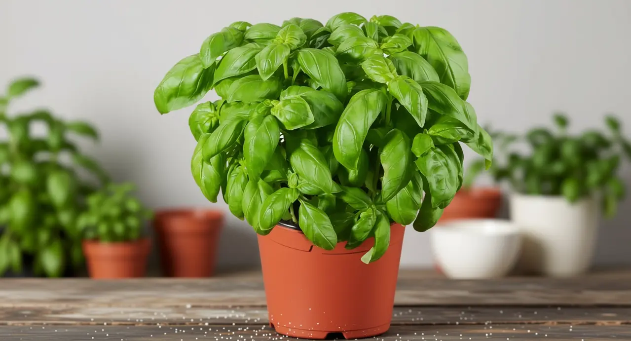 Pianta di basilico rigogliosa in un vaso di plastica su un tavolo di legno