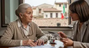 Una persona anziana parla con una consulente davanti a documenti e un tablet.