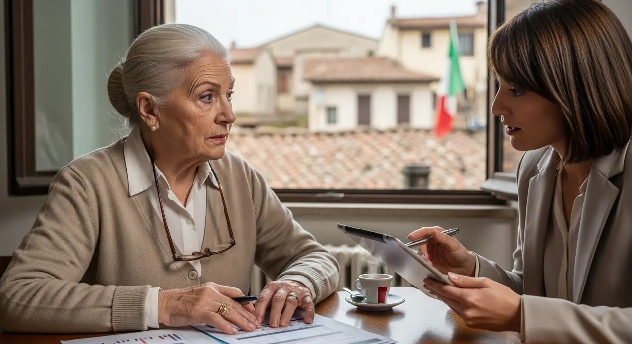 Una persona anziana parla con una consulente davanti a documenti e un tablet.