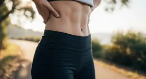 Persona in abbigliamento sportivo con addome tonico all'aperto su un sentiero