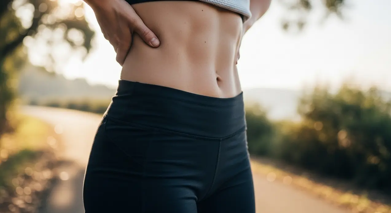 Persona in abbigliamento sportivo con addome tonico all'aperto su un sentiero