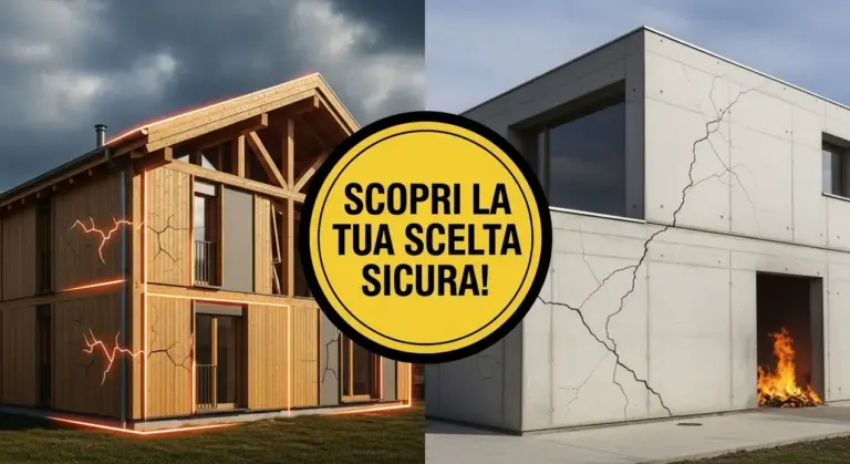 Confronto tra una casa in legno e una in cemento con evidenti danni da terremoto e fuoco