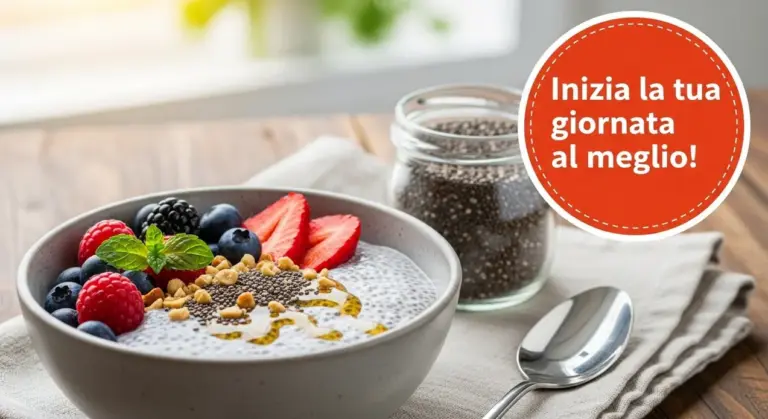 Ciotola con pudding di semi di chia, frutti di bosco e fragole su un tavolo di legno