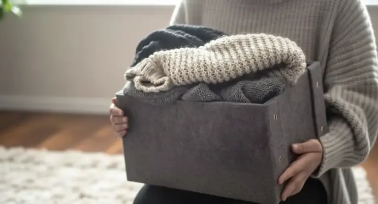 Persona con maglioni di lana piegati in una scatola di tessuto