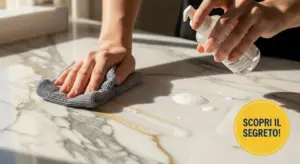 Mani che puliscono una superficie in marmo con un panno e detergente liquido