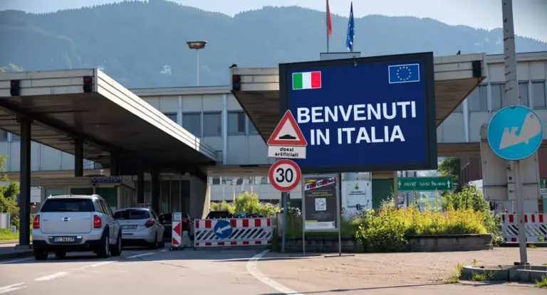 Auto al valico di frontiera tra Svizzera e Italia con cartello di benvenuto