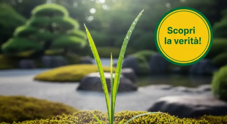 Erba verde con gocce d'acqua in un giardino giapponese minimalista