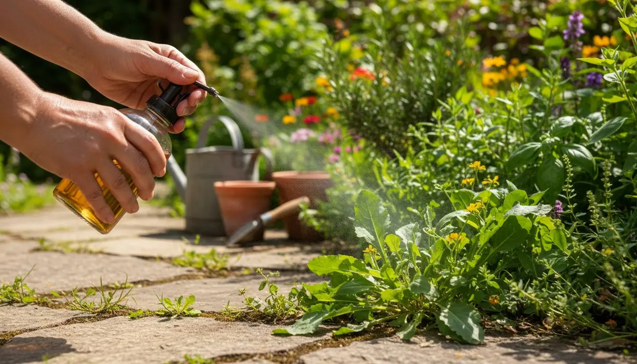 Mano che spruzza diserbante naturale su erbacce in un giardino