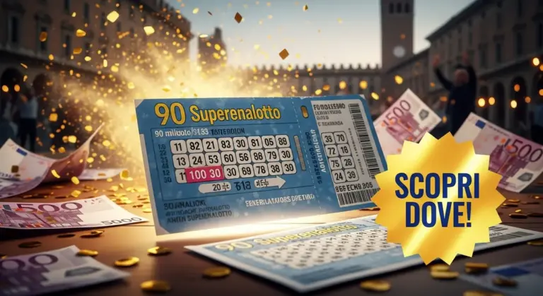 Biglietto del Superenalotto con pioggia di monete e banconote su sfondo urbano.