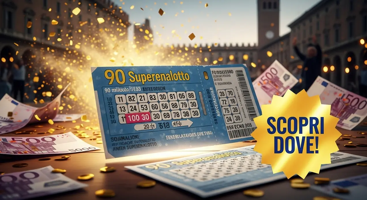 Biglietto del Superenalotto con pioggia di monete e banconote su sfondo urbano.