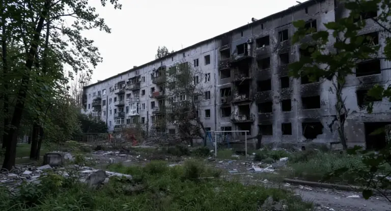 Edificio residenziale danneggiato in un'area urbana con vegetazione circostante