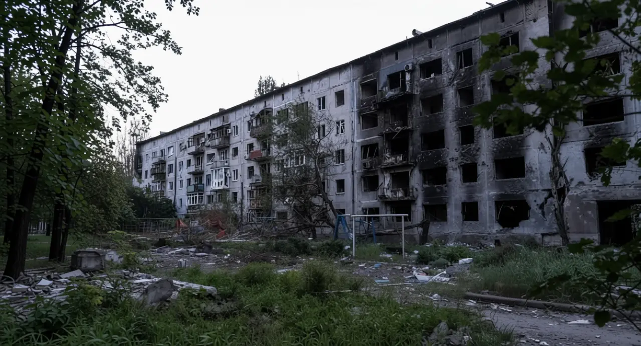 Edificio residenziale danneggiato in un'area urbana con vegetazione circostante