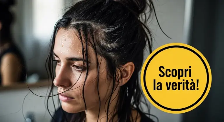 Persona con capelli visibilmente unti e aspetto riflessivo in bagno