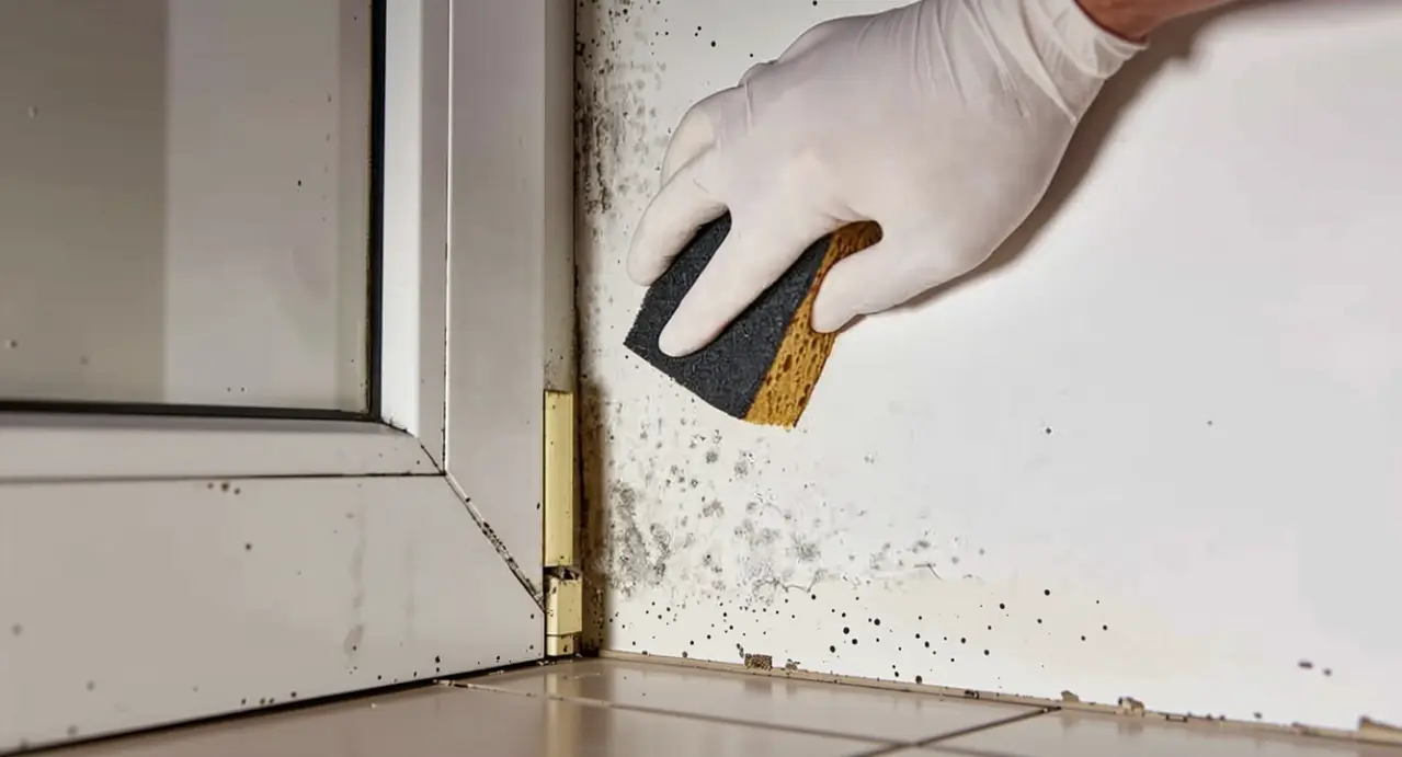 Persona con guanto che rimuove la muffa dal muro con una spugna