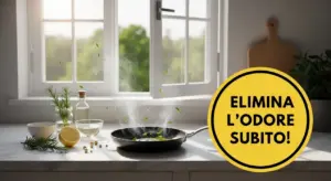 Padella con erbe aromatiche che sprigiona vapore su un piano cucina vicino a una finestra aperta