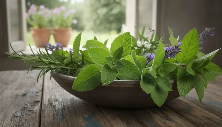 Ciotola con erbe aromatiche fresche come menta, lavanda e rosmarino su un tavolo di legno
