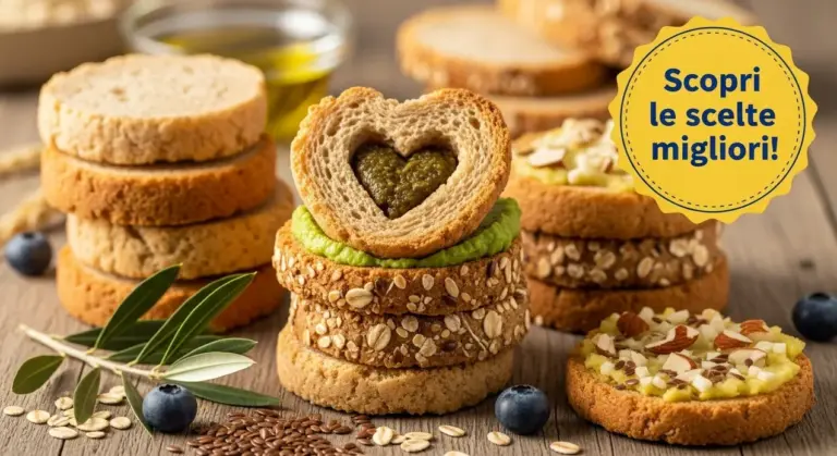 Fette biscottate integrali con creme spalmabili e semi, presentate su un tavolo di legno