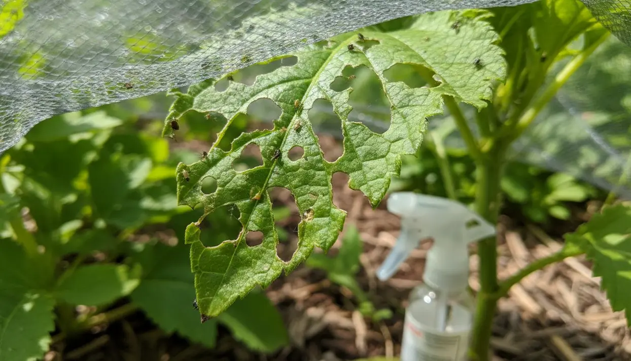 Foglia di pianta con buchi causati da parassiti, in un giardino protetto da rete
