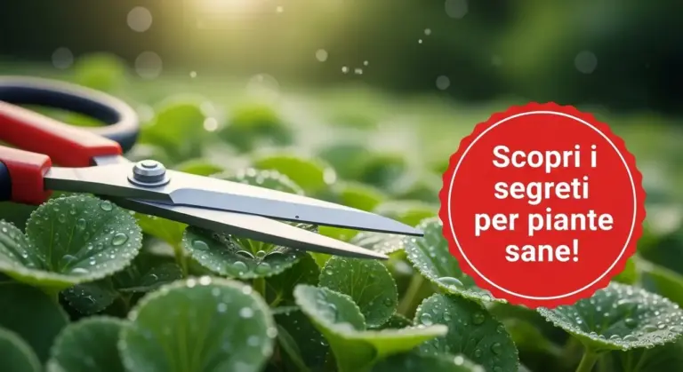 Forbicine da giardino tra foglie verdi con gocce d'acqua