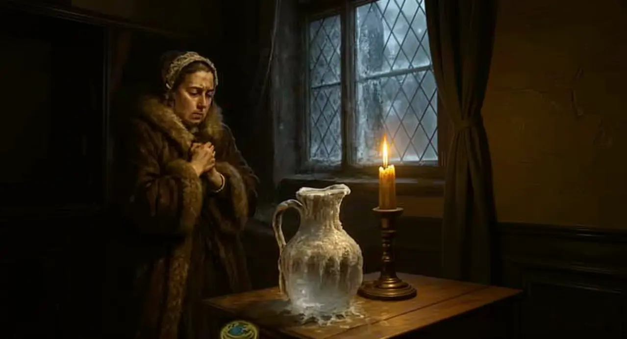 Persona con abiti invernali accanto a una brocca ghiacciata e una candela accesa in un ambiente freddo