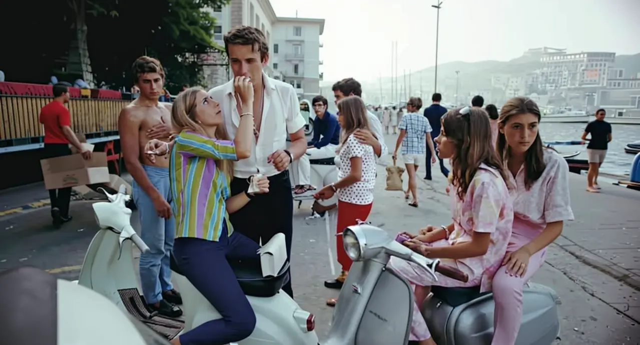 Gruppo di giovani con scooter 50cc parcheggiati vicino al mare