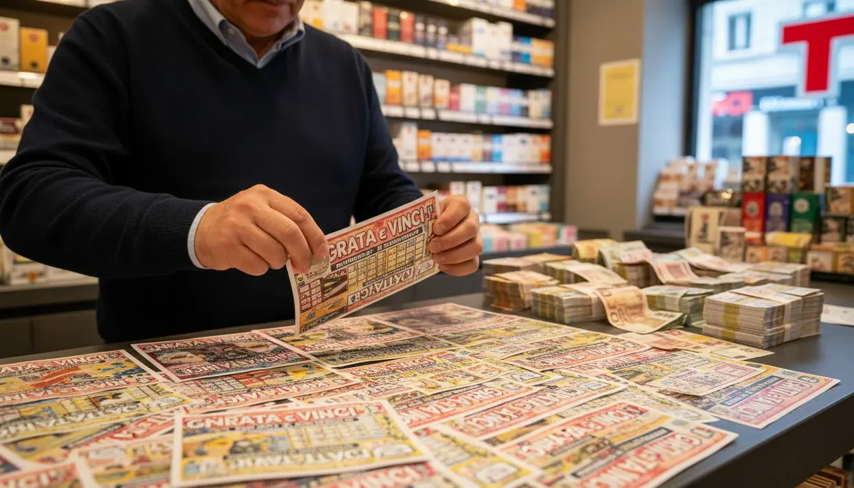 Persona che maneggia gratta e vinci in una tabaccheria con biglietti esposti su un bancone
