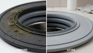 Guarnizione di lavatrice con muffa a sinistra e pulita a destra